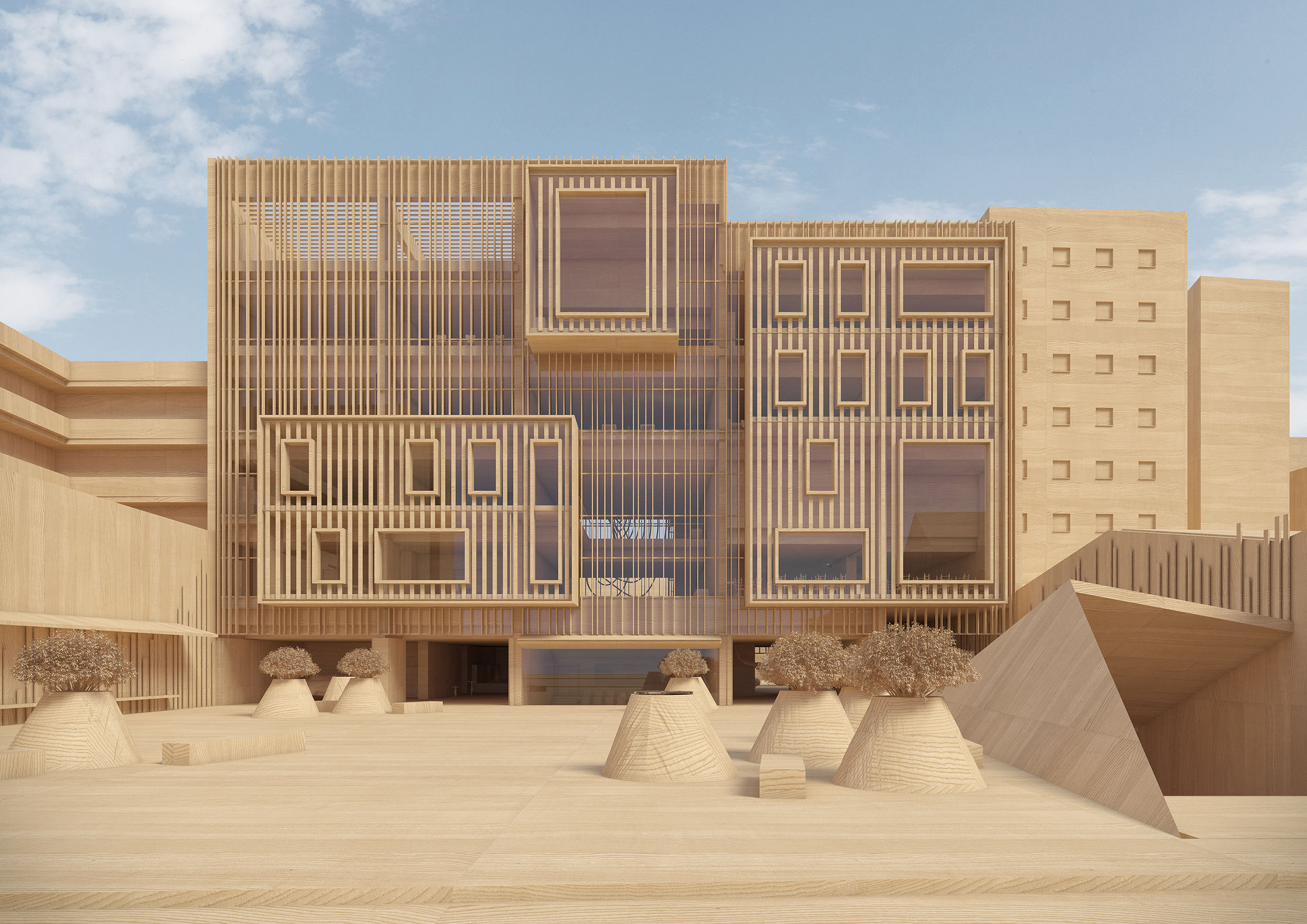 Maqueta digital 3D en madera de la fachada de un edificio con celosías de listones