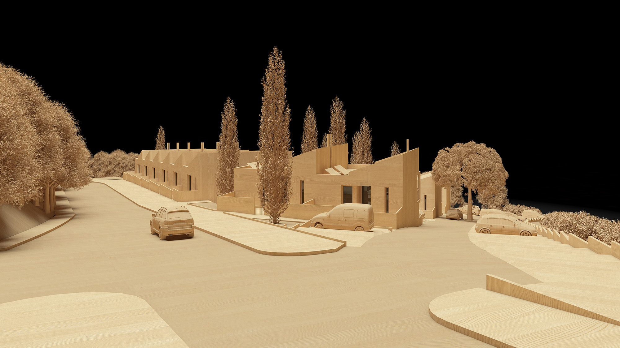 Maqueta 3D en madera del conjunto residencial al anochecer con cipreses