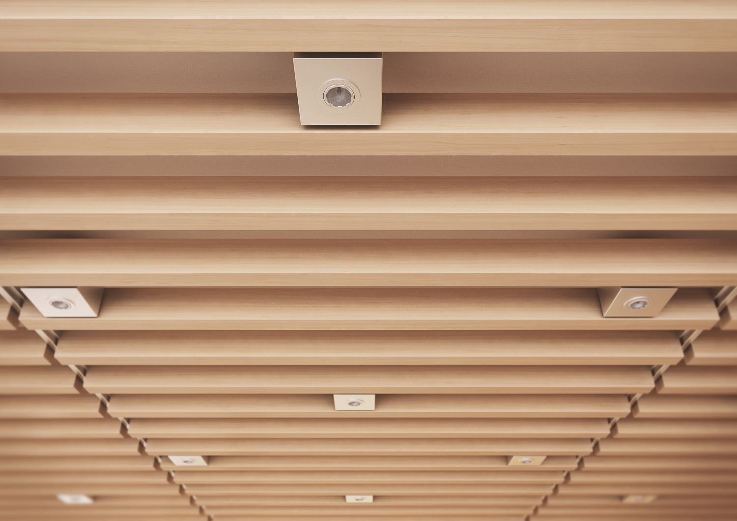 Infografía de detalle de las lamas de madera del techo con focos integrados