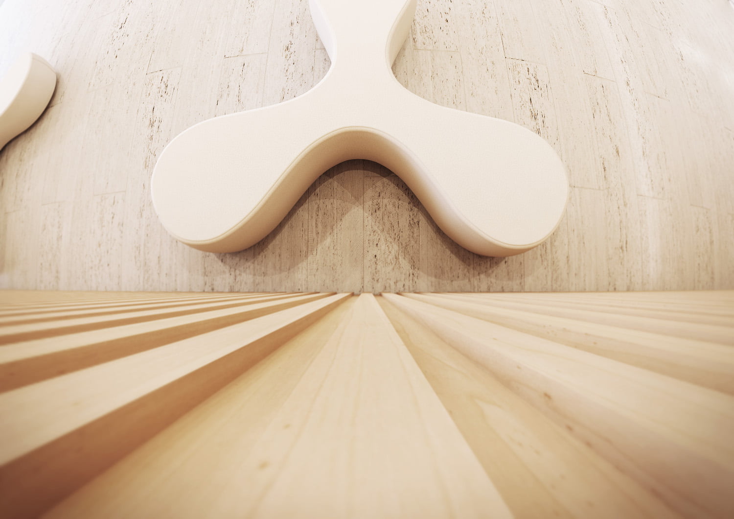 Render de detalle del banco escultórico blanco sobre suelo de lamas de madera