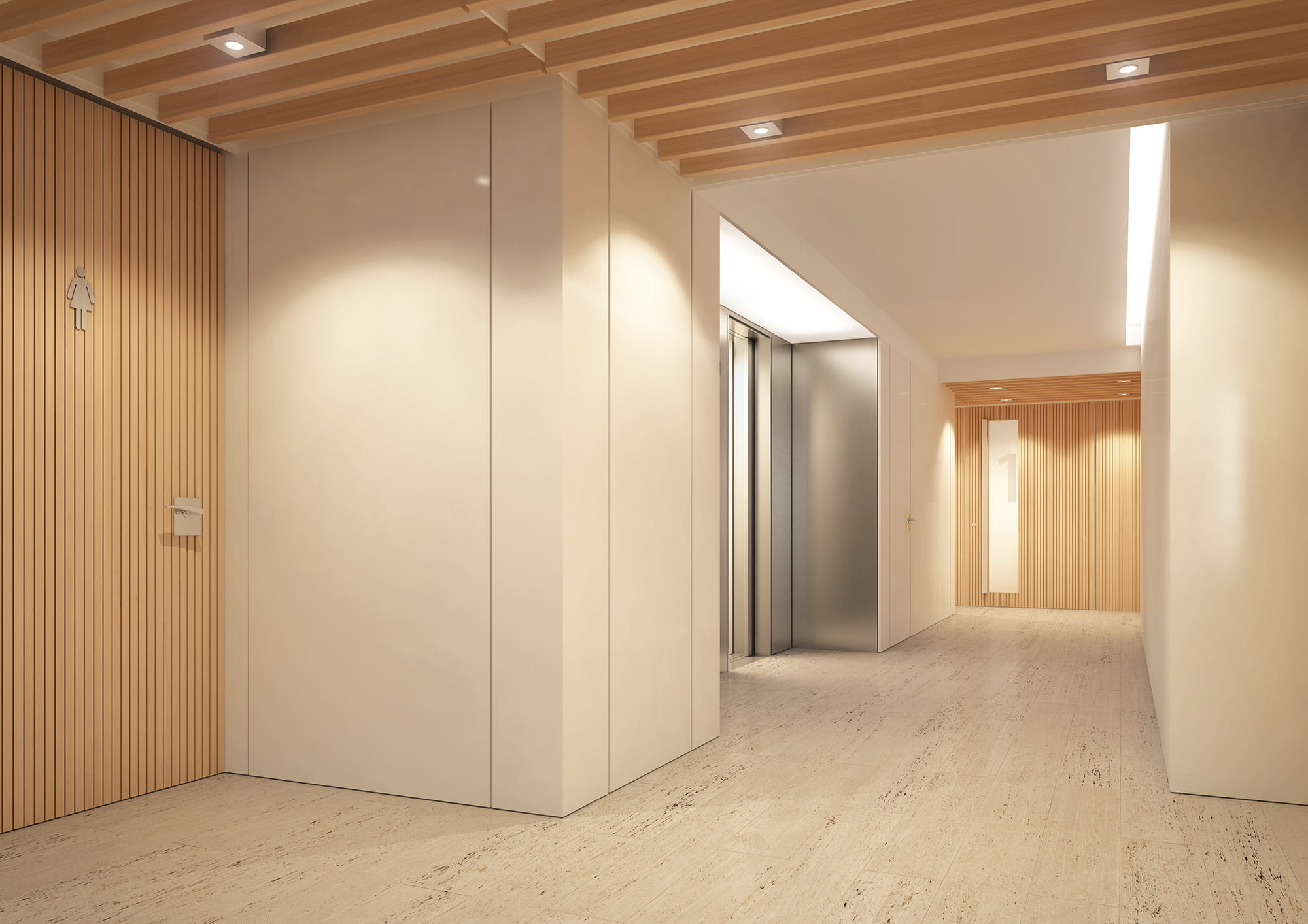 Render de la zona de ascensores del vestíbulo revestida en lamas de madera