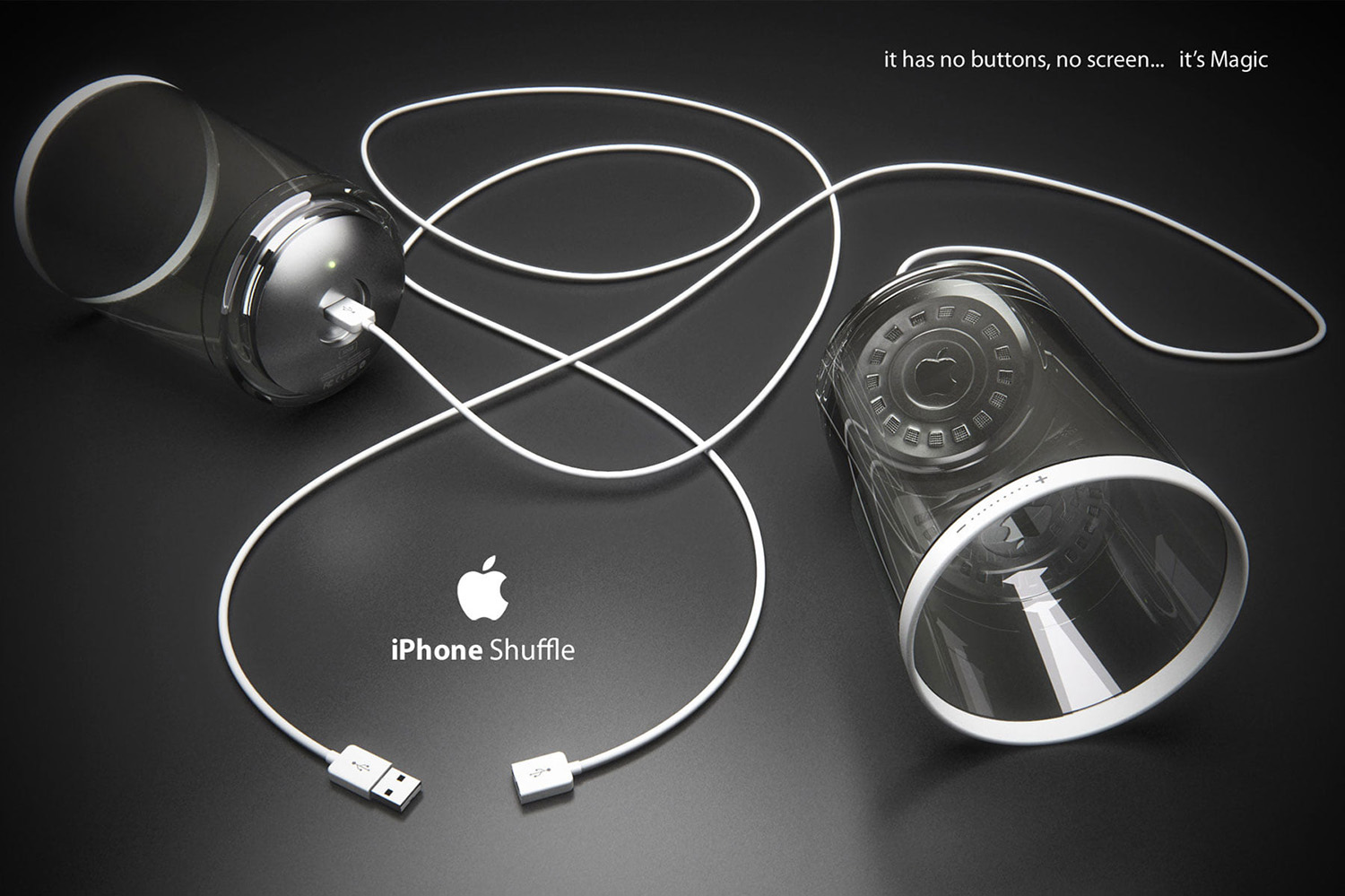 Render publicitario 3D del concepto iPhone Shuffle de Apple, dos cápsulas transparentes con cable USB