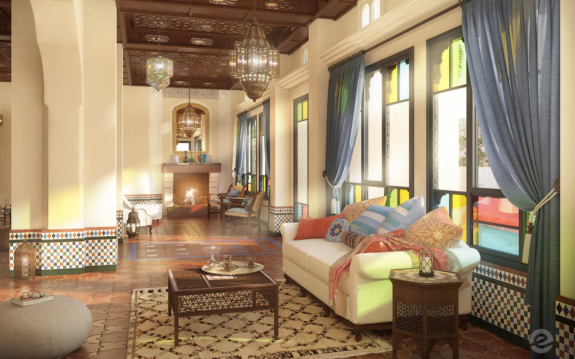 Render del salón con chimenea, vidrieras de colores y zócalo de azulejo andalusí