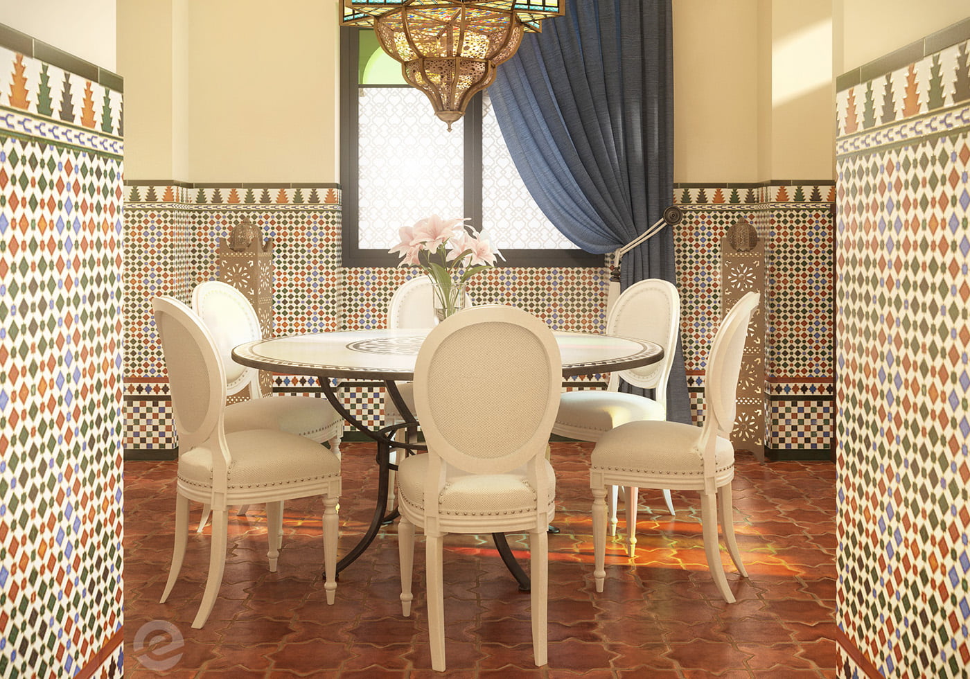 Render del comedor morisco con mesa redonda de mármol y azulejería multicolor