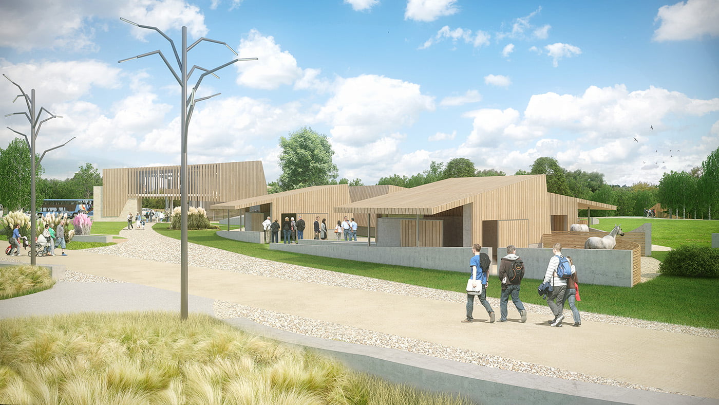Infografía 3D del acceso al campus de Varsovia con pabellones de madera y visitantes