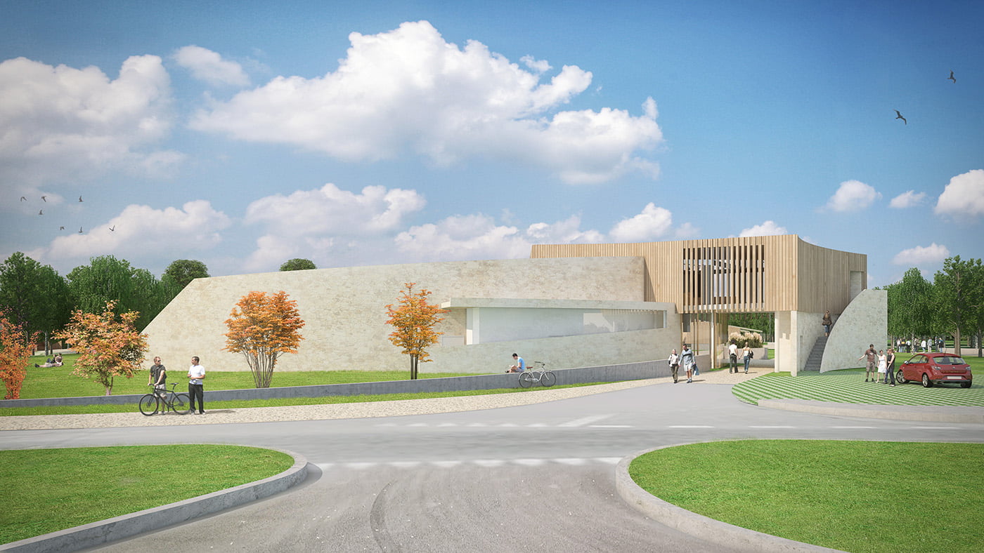 Infografía del pabellón del campus con base de piedra y volumen superior de listones de madera