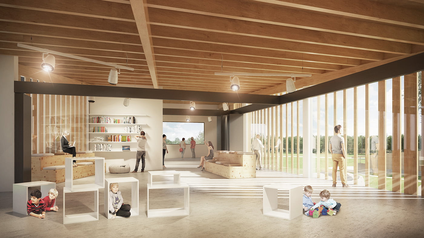 Render interior del espacio comunitario del campus con techo de madera y ventanal al parque