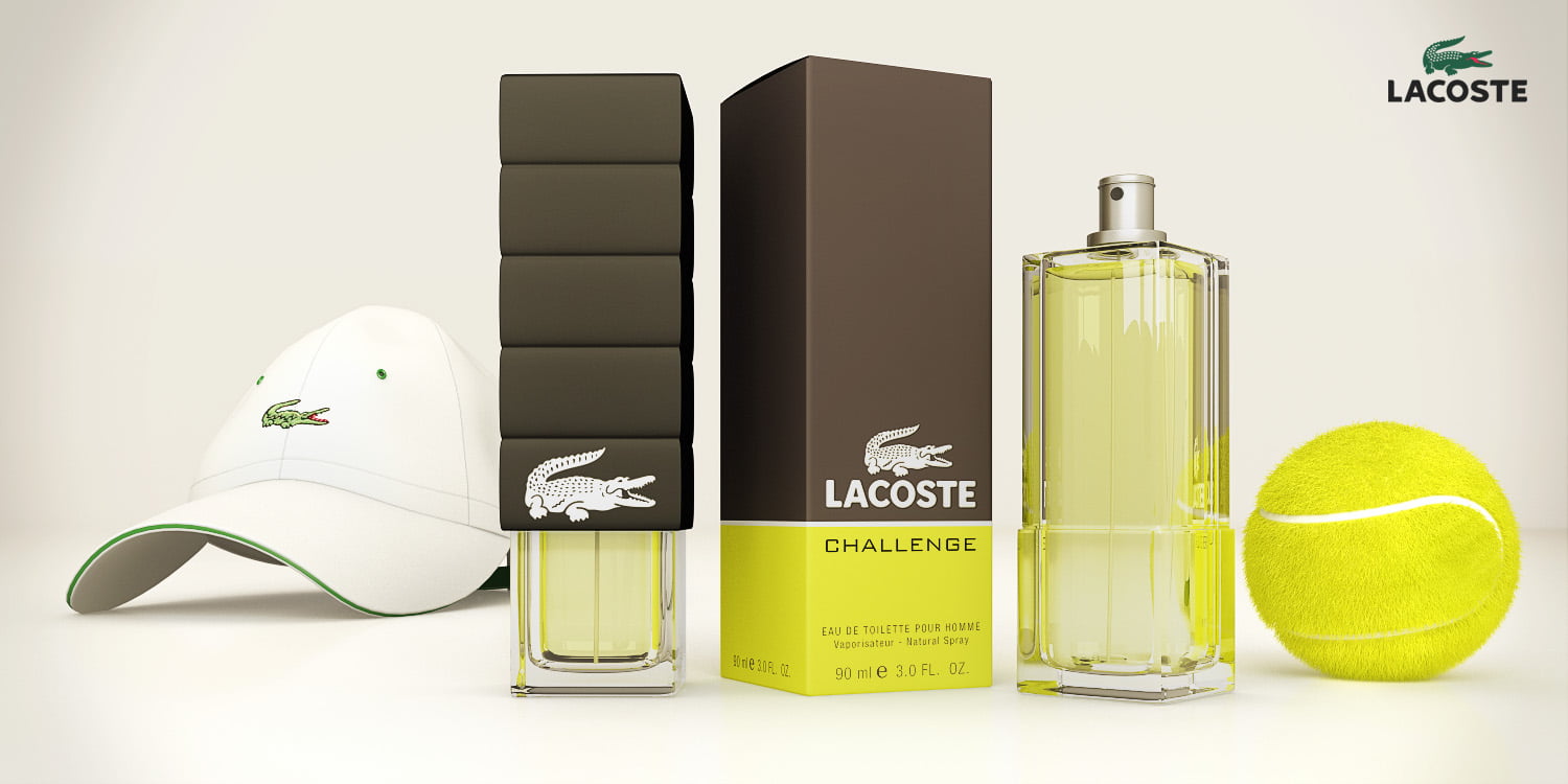 Render publicitario del perfume Lacoste Challenge con gorra, estuche y pelota de tenis