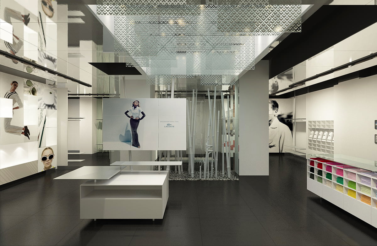 Render del interior de la tienda Lacoste en París con techo de celosía y expositores blancos