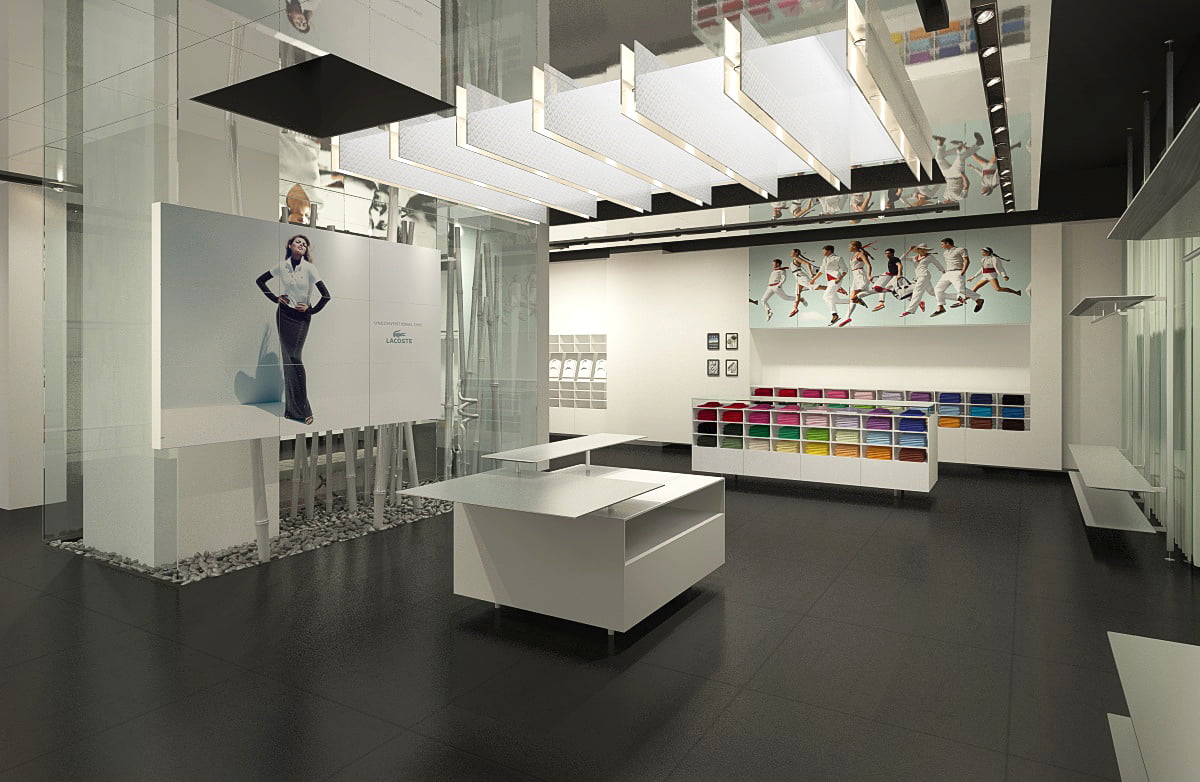Infografía 3D de la tienda Lacoste con expositor de polos de colores y paneles luminosos