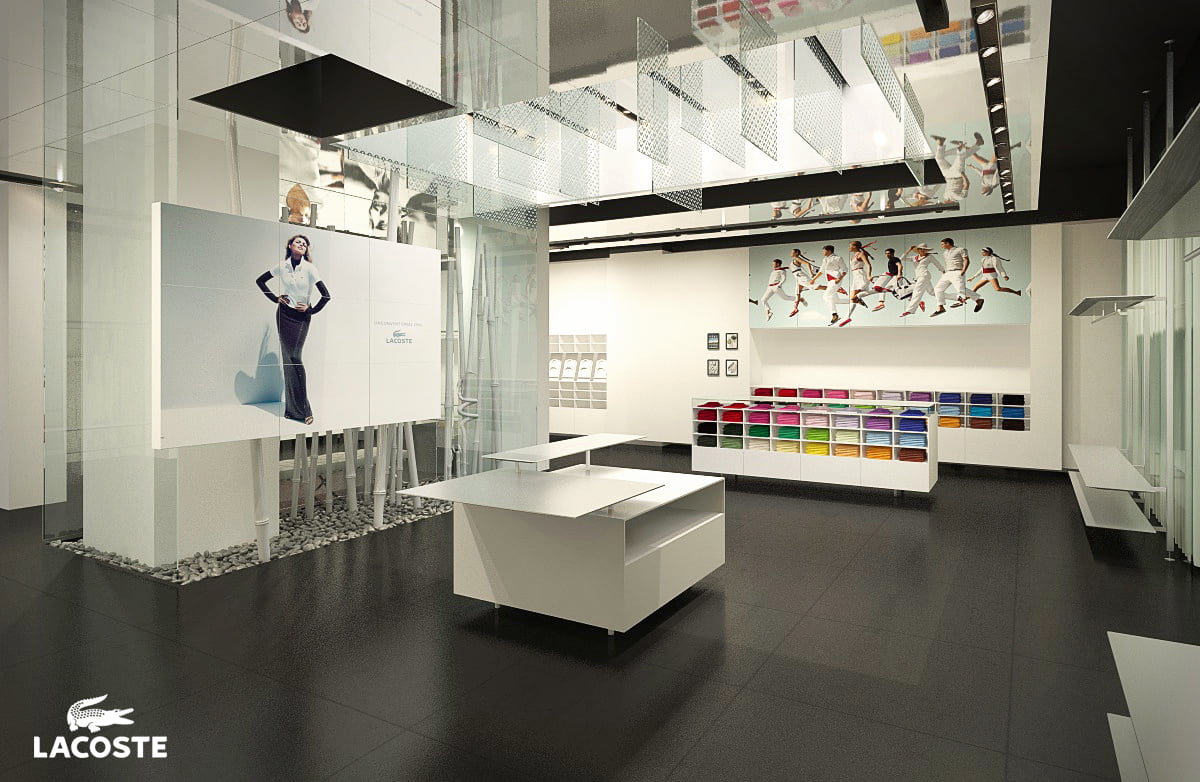 Render interior de la tienda Lacoste con mostrador central y muro de polos multicolor