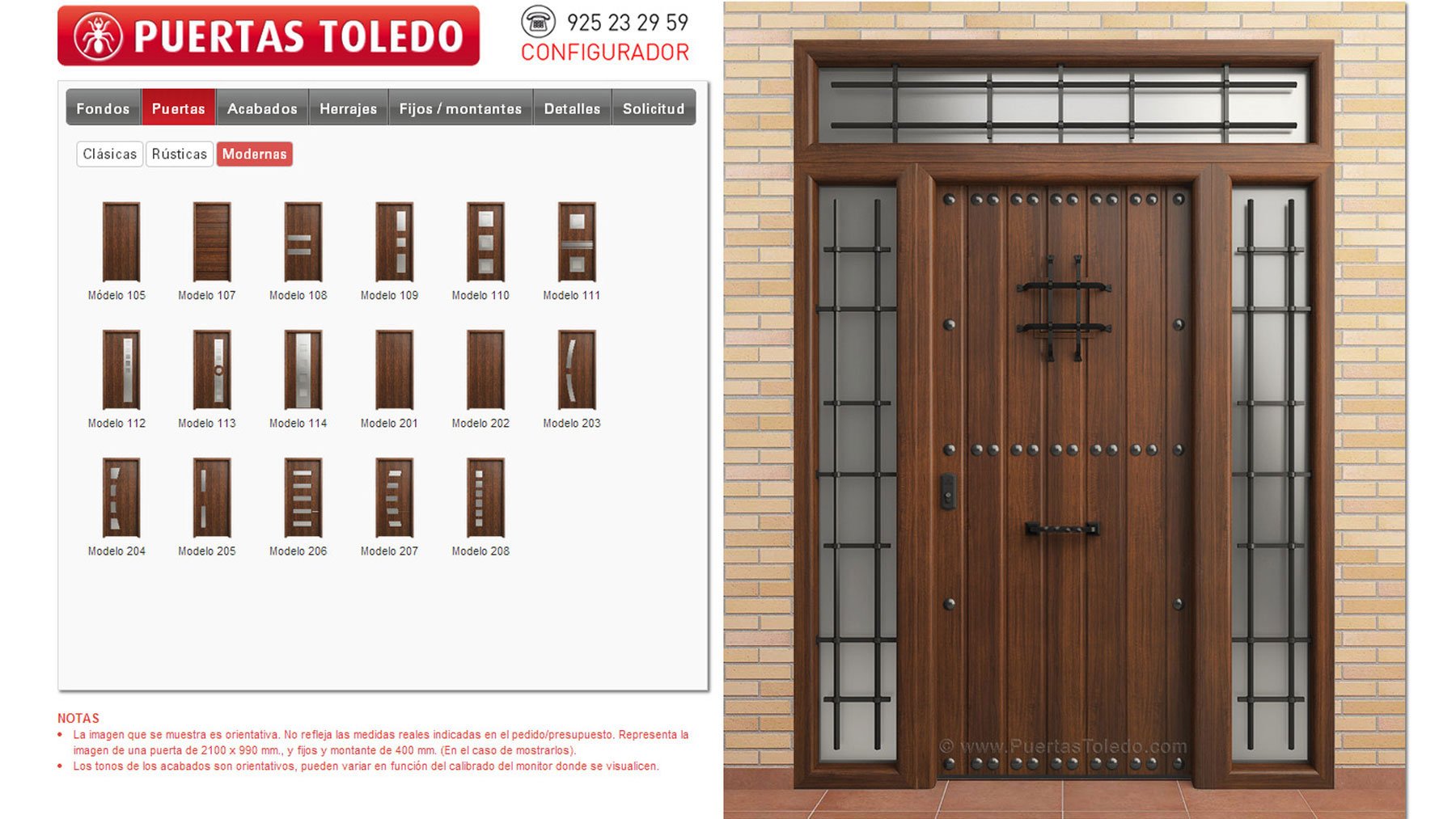 Configurador online de Puertas Toledo con render de puerta de entrada de madera rústica
