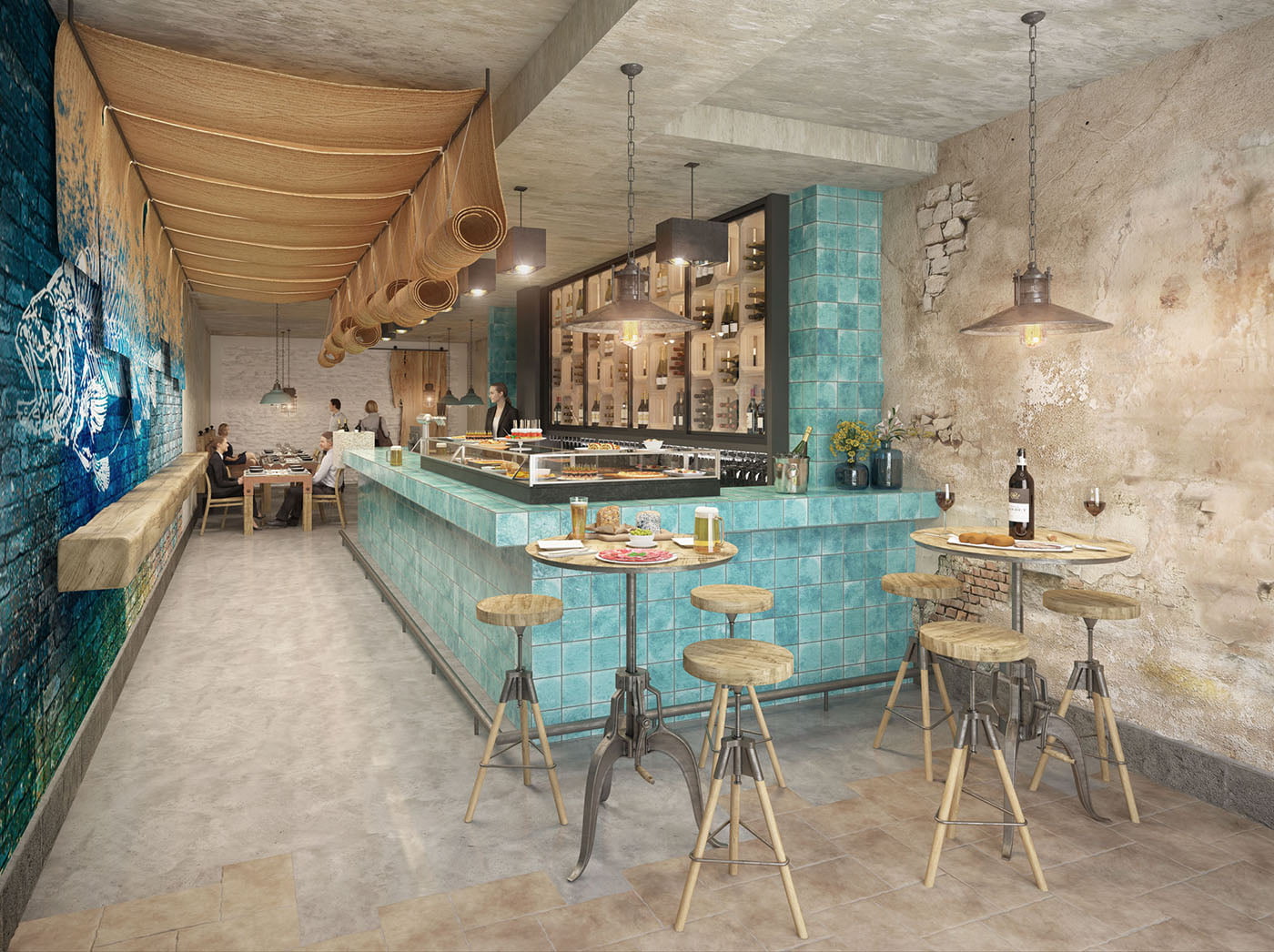 Render de la barra de pintxos del restaurante Sagardi con azulejo turquesa y taburetes de madera