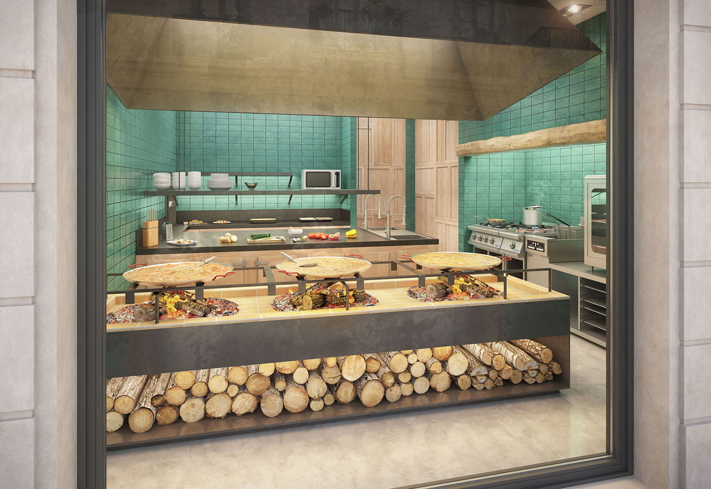 Render de la cocina vista del Sagardi con asador de paellas a la leña