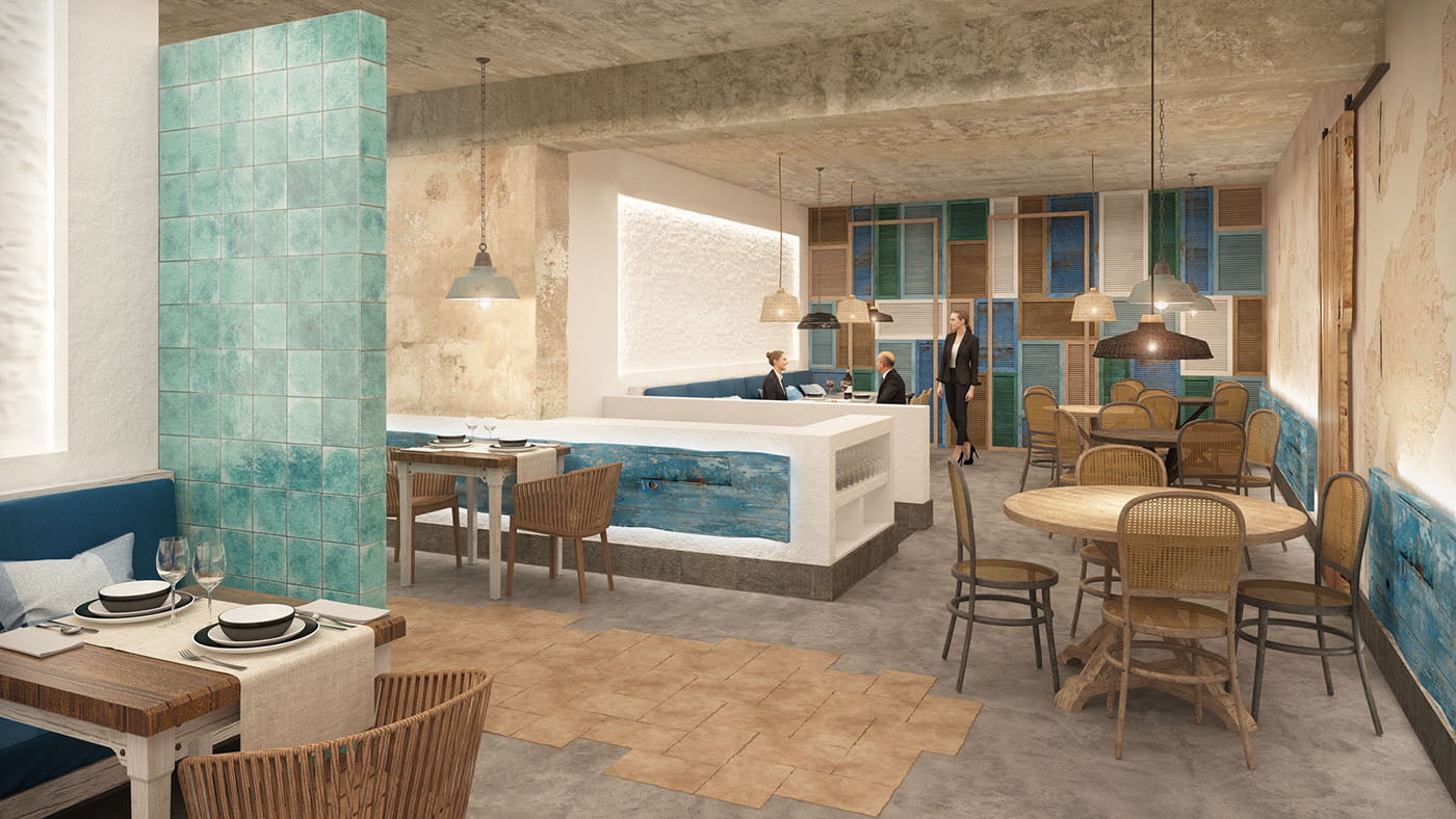 Render del comedor del restaurante Sagardi con banco de azulejo turquesa y contraventanas de colores