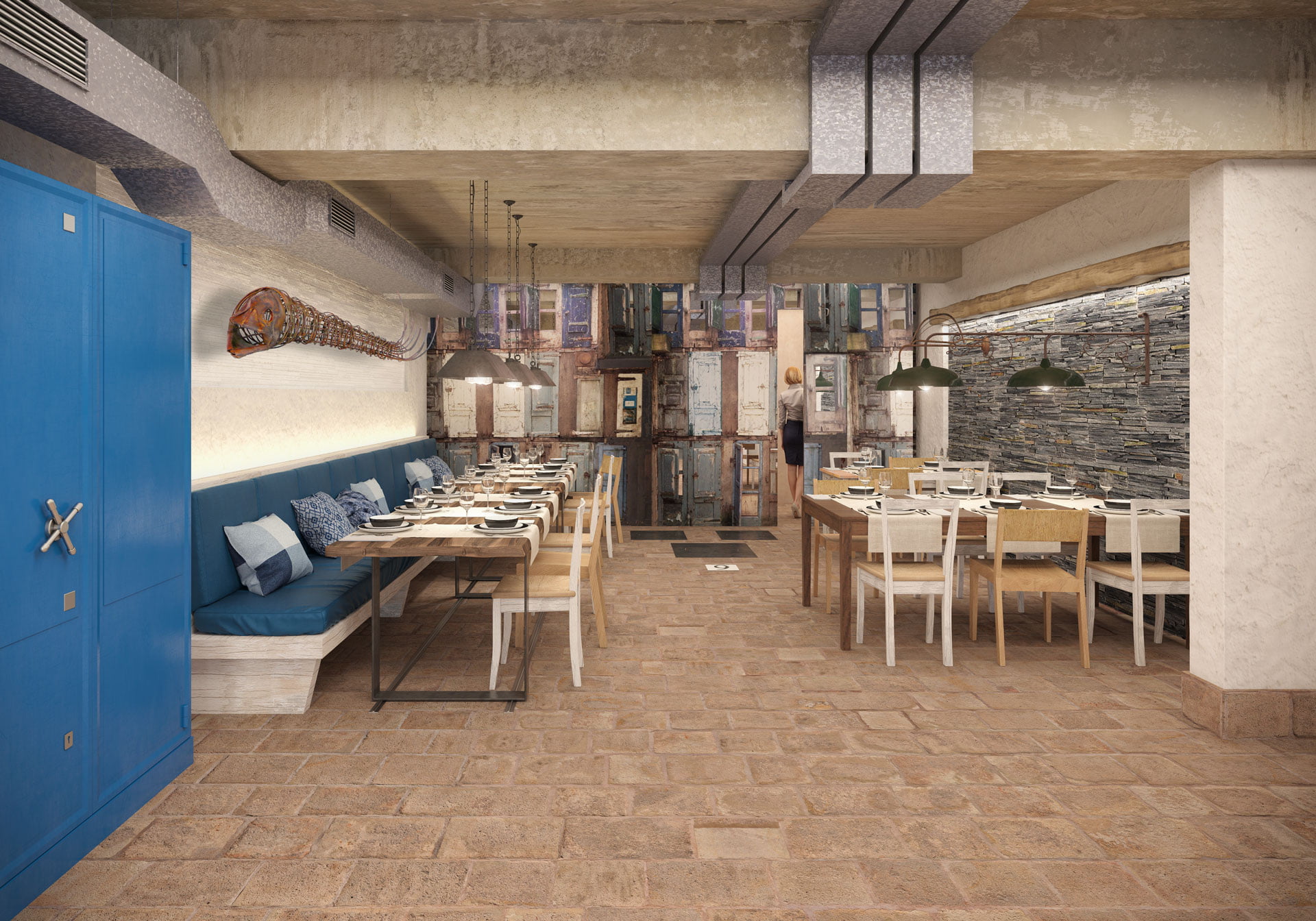 Infografía del comedor rústico del Sagardi con mural de puertas viejas y suelo de piedra