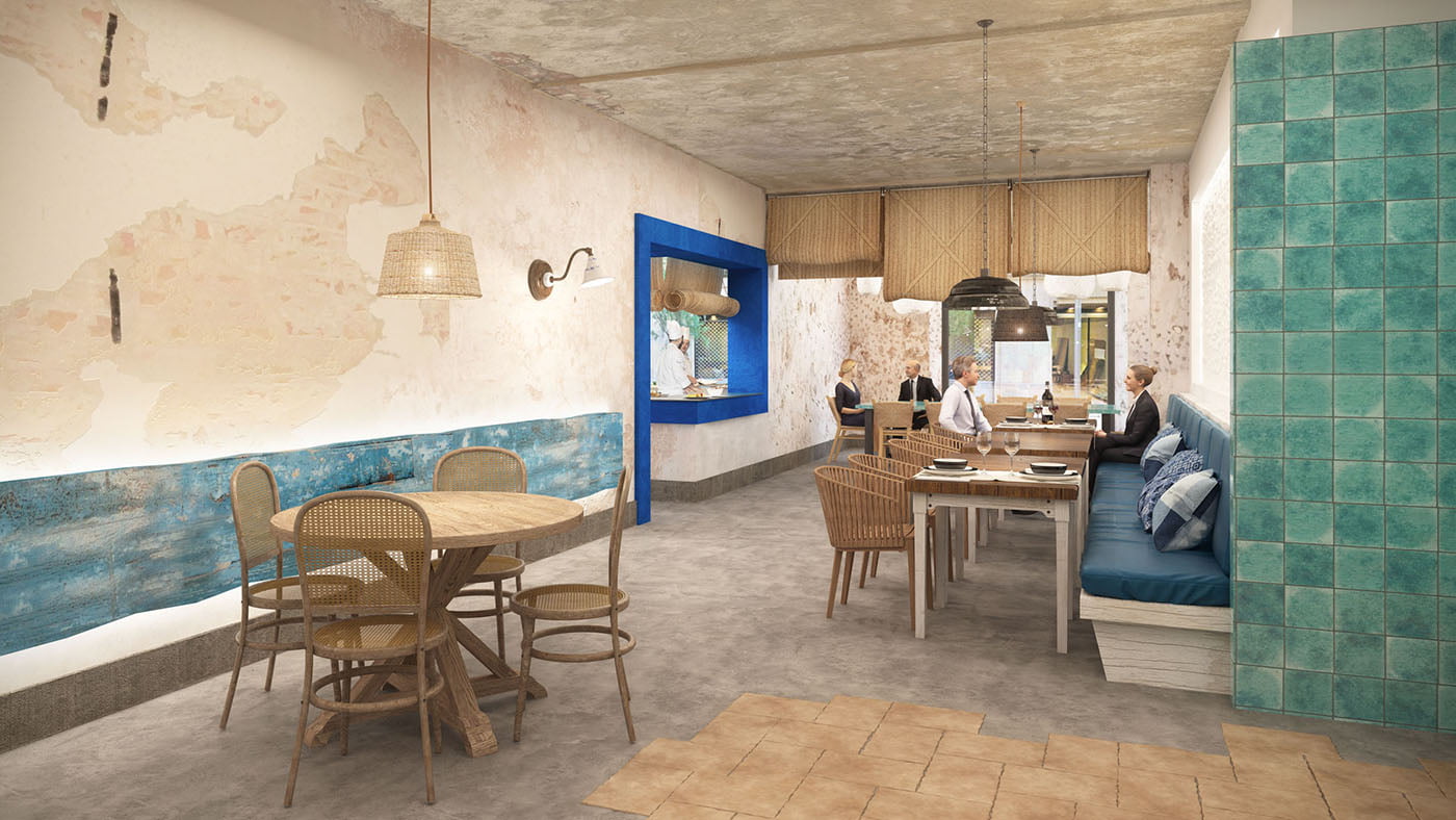 Render del comedor del Sagardi con mesas de madera y ventana abierta a la cocina