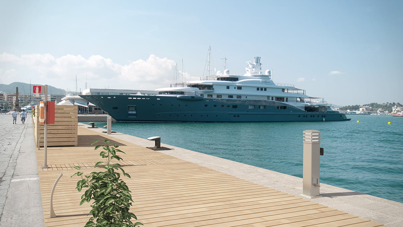 Render del superyate atracado en el nuevo pantalán de madera de Marina Ibiza