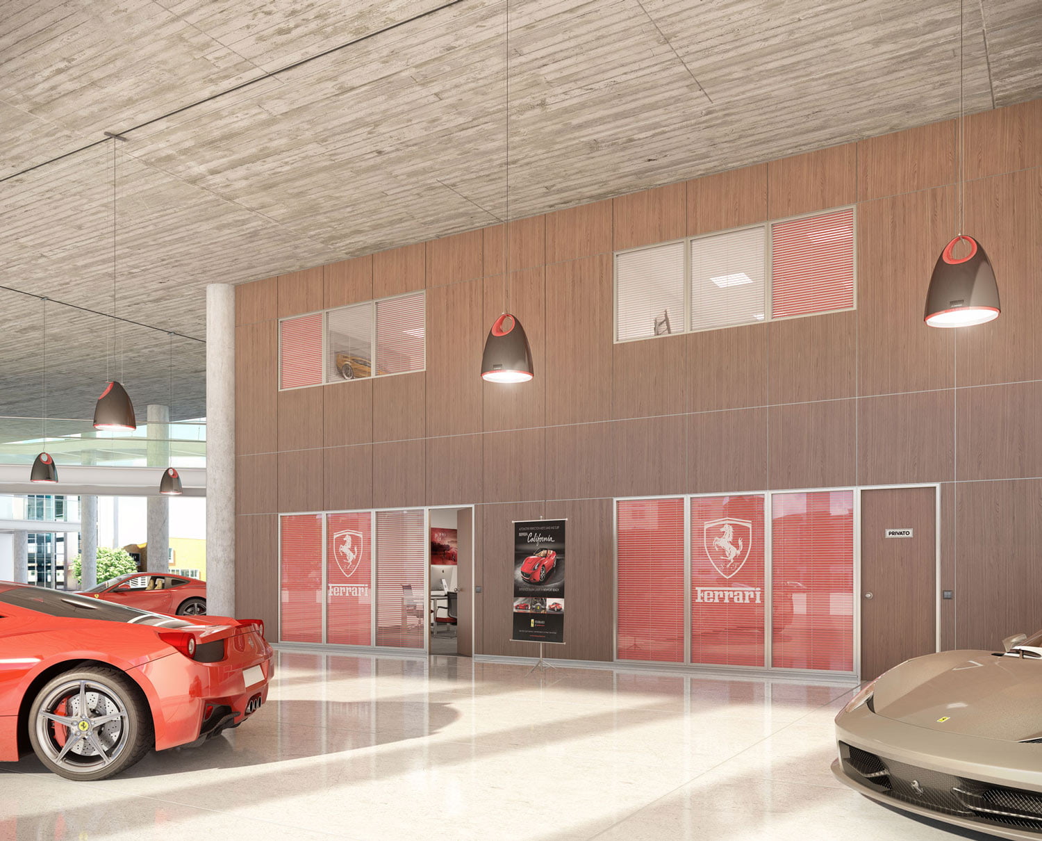 Infografía de showroom Ferrari con mamparas de vidrio y frente de madera a doble altura