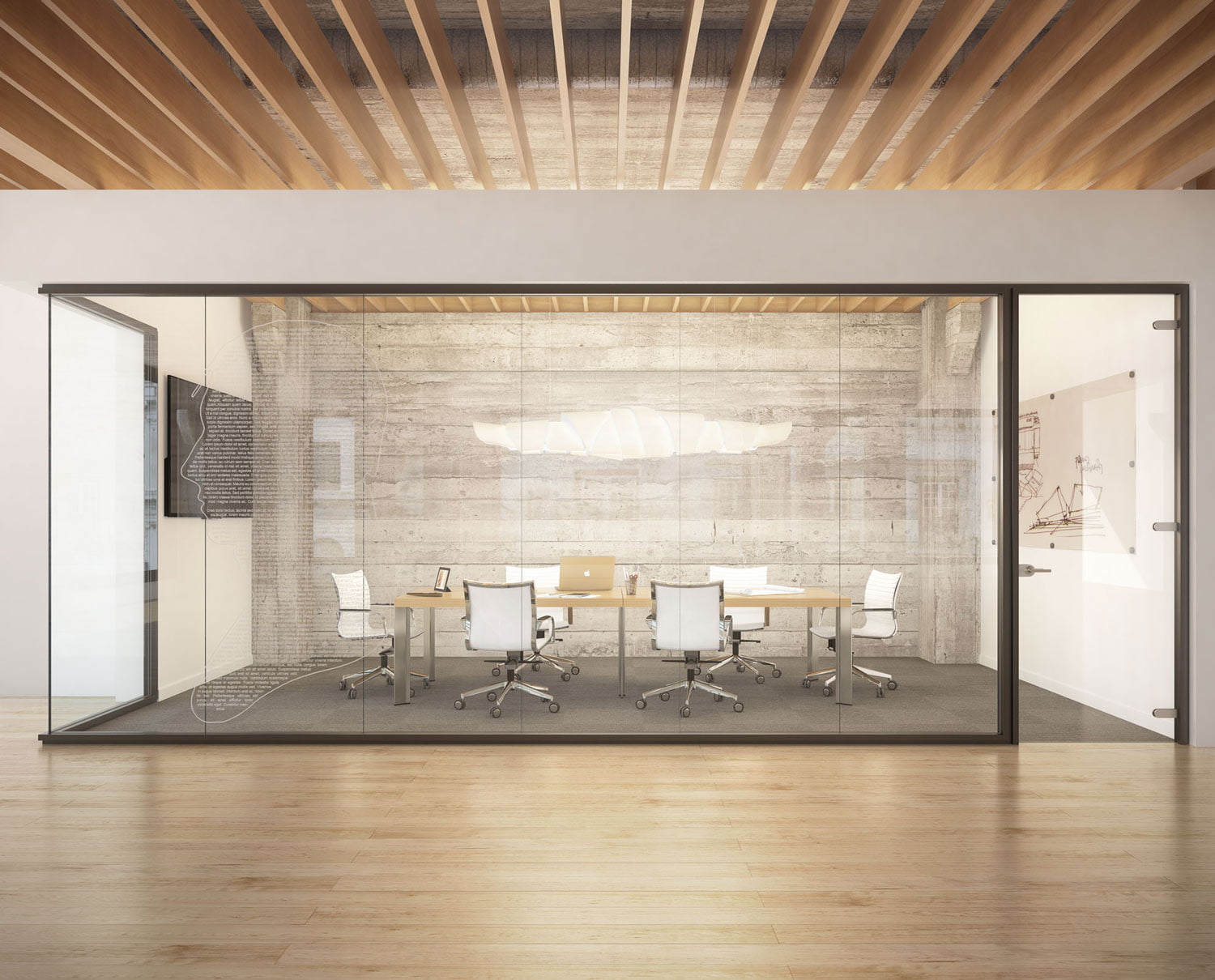 Render de sala de reuniones cerrada con mampara de vidrio, marco negro y techo de vigas de madera