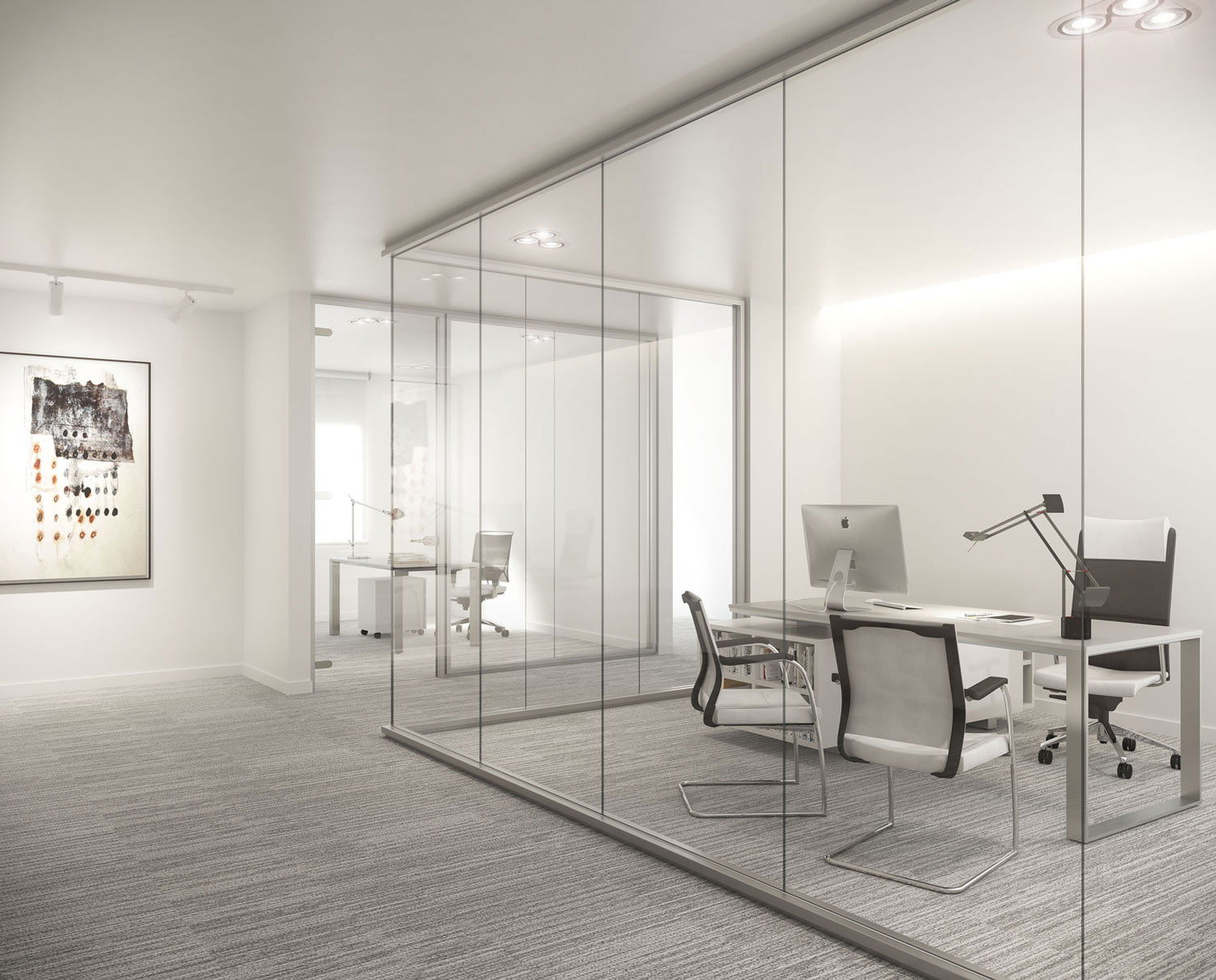 Render de despacho con mampara de vidrio de perfil minimalista y mobiliario blanco