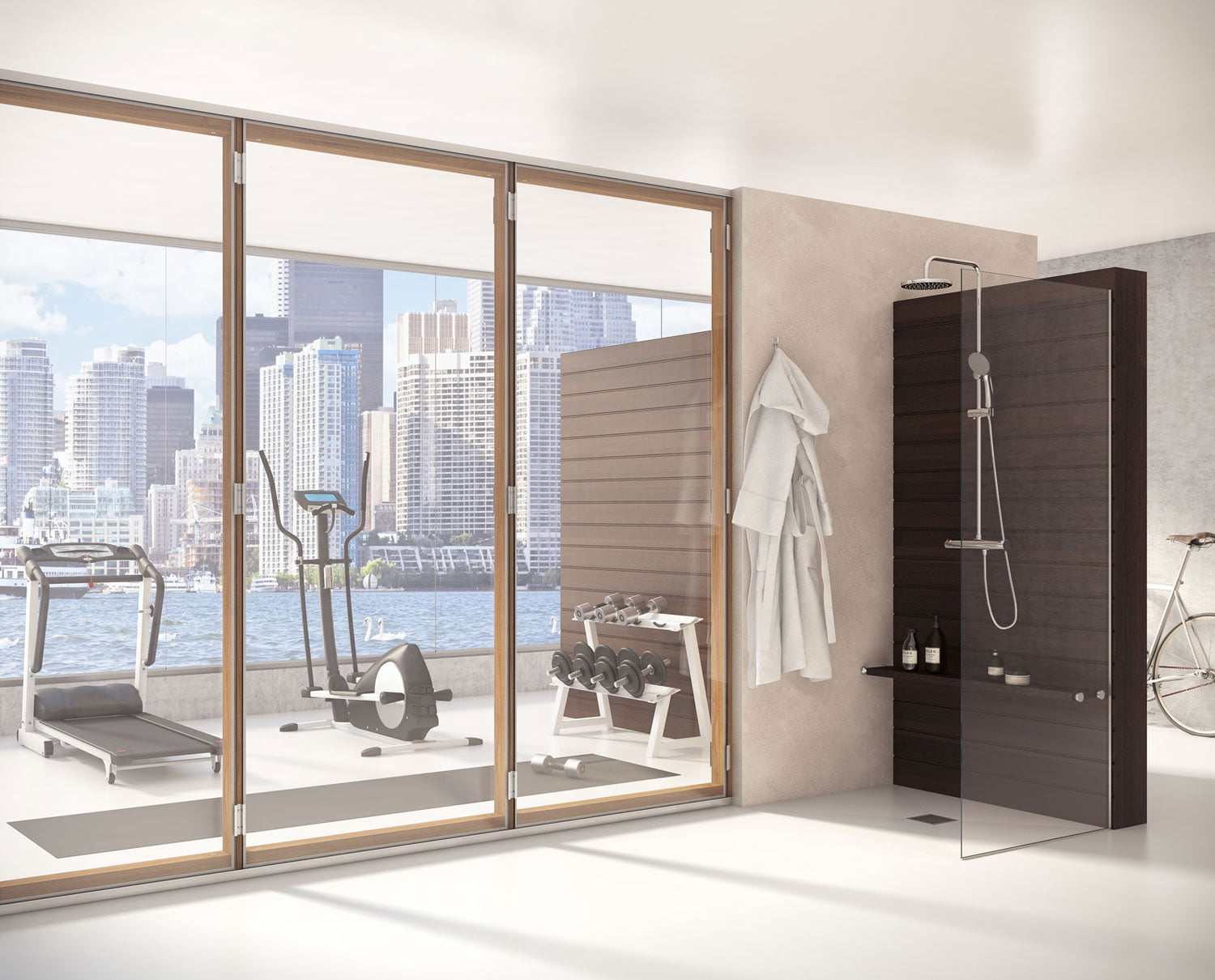 Infografía de gimnasio acristalado con vistas a la ciudad y ducha junto a mampara de madera oscura