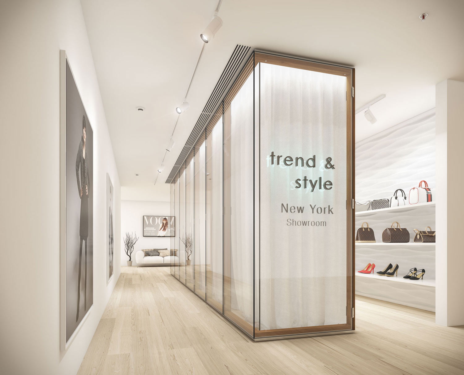 Render de showroom de moda con mampara de vidrio translúcido y estanterías de bolsos y zapatos