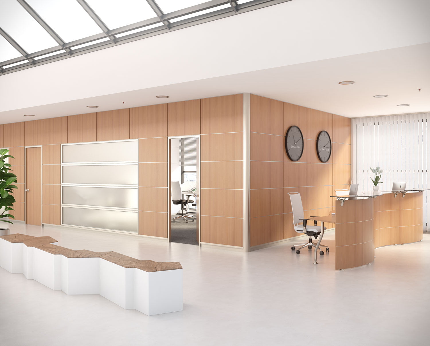 Render de recepción con revestimiento de roble, relojes de Barcelona y San Francisco y despacho acristalado