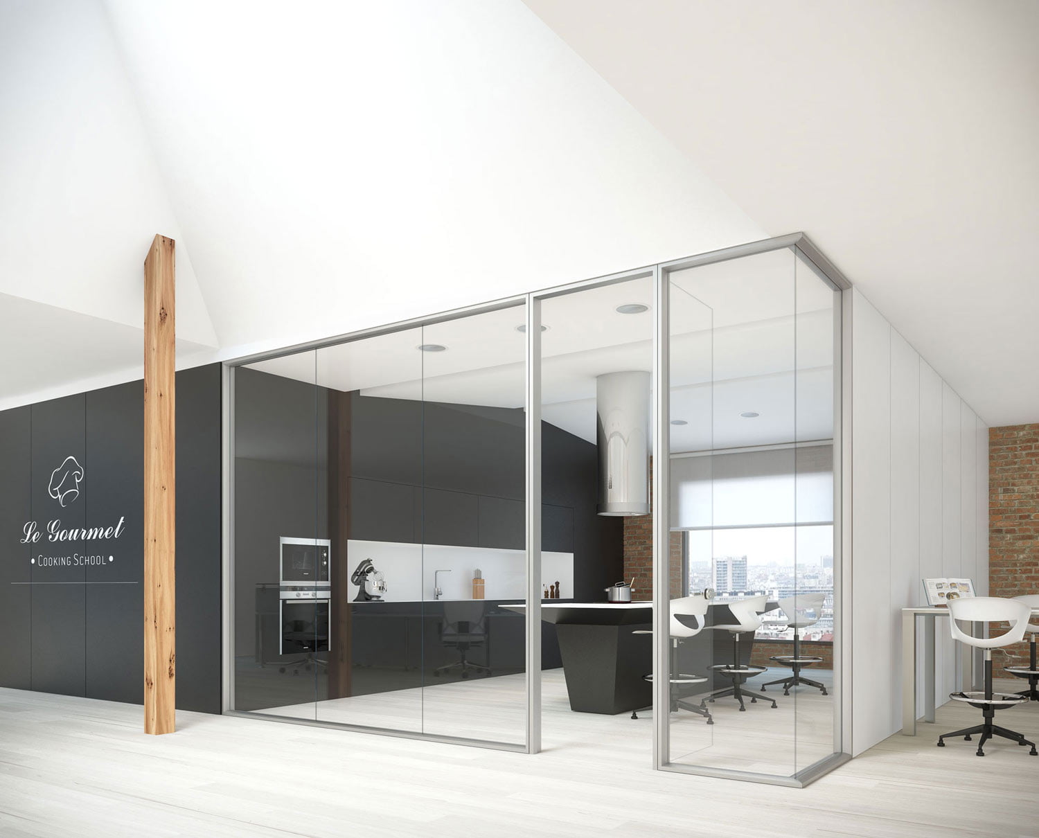 Render de escuela de cocina Le Gourmet con mamparas de vidrio y cocina vista de estilo loft