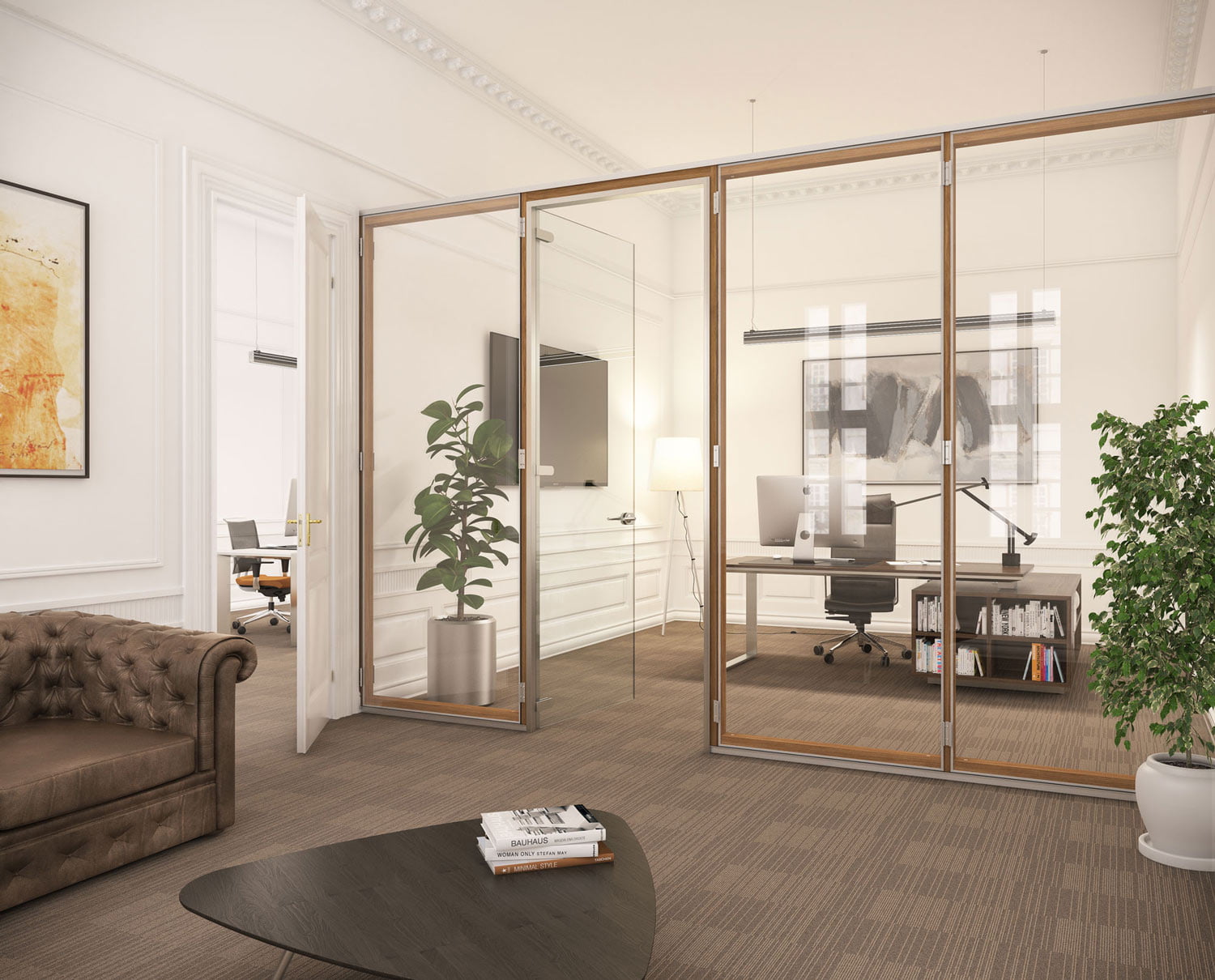 Render de despacho clásico con molduras, sofá chester y mamparas de vidrio con perfil de madera