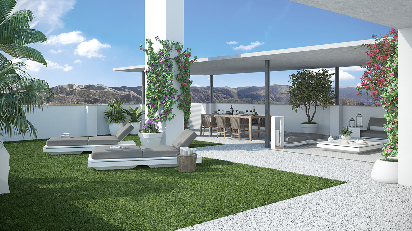 Render de terraza con mesa de comedor exterior, celosía perforada y vistas a la montaña