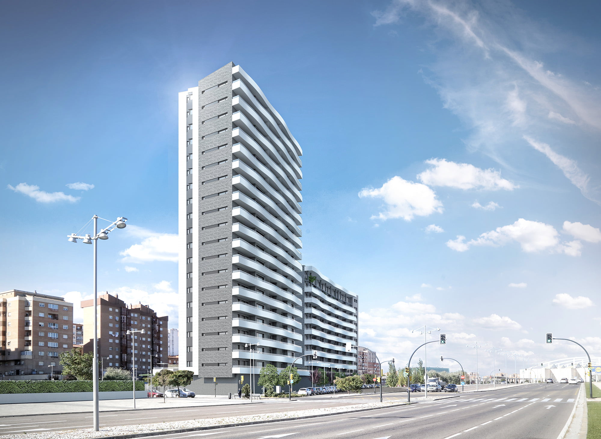 Infografía diurna del edificio ADN residencial junto a la avenida con cielo azul