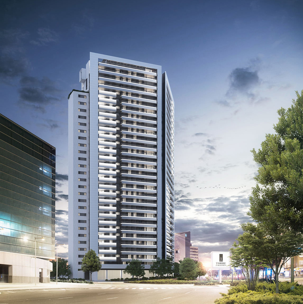 Infografía nocturna de Torre Zaragoza iluminada con el rótulo de la promoción