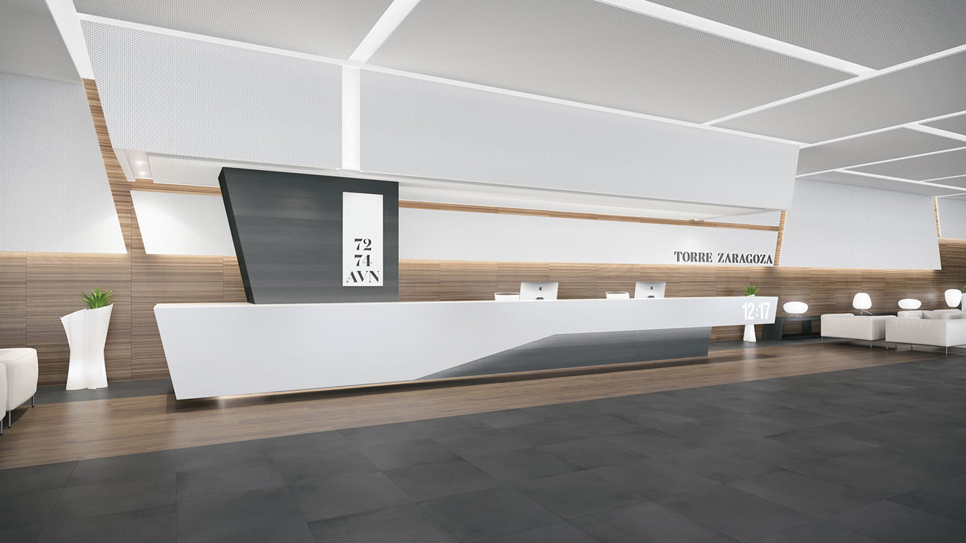 Render del lounge del portal con sofás blancos, iluminación led y pared de madera