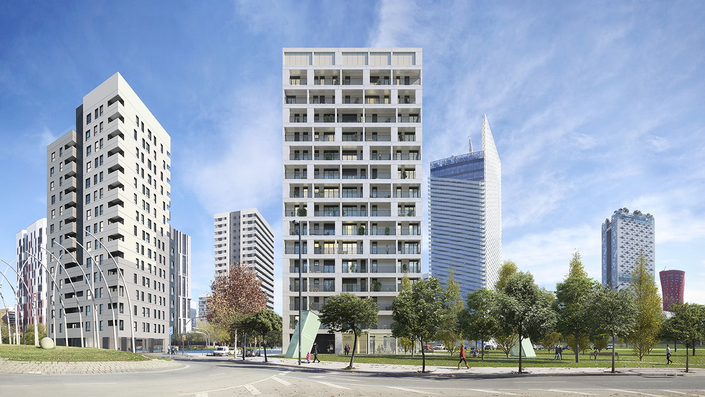 Render de la torre residencial AEDAS Cody en Plaza Europa con el skyline de torres de Hospitalet