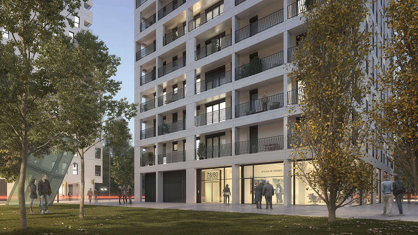 Render al anochecer del portal a pie de calle con la oficina de ventas de Plaza Europa 78/80