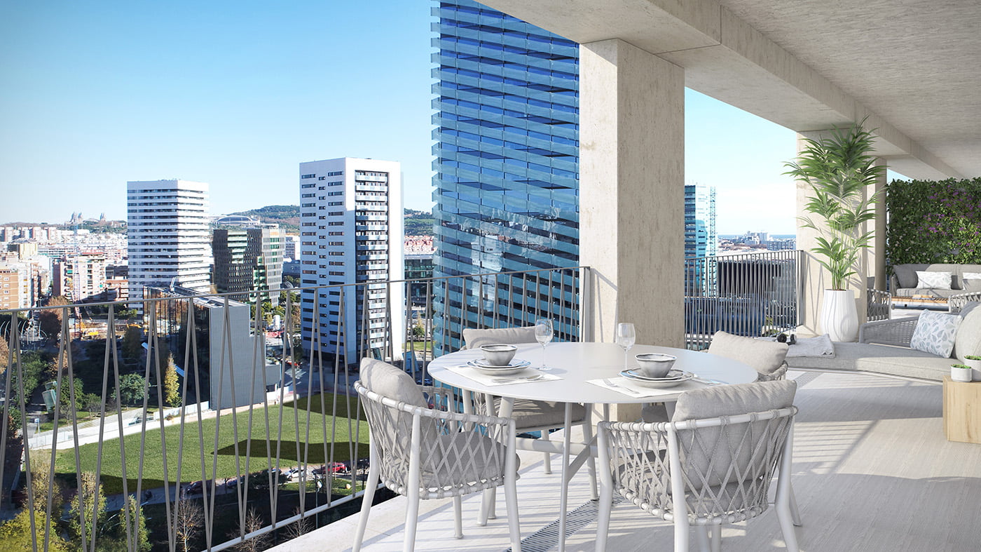 Render de terraza con mesa exterior y vistas a la torre de vidrio azul de Plaza Europa
