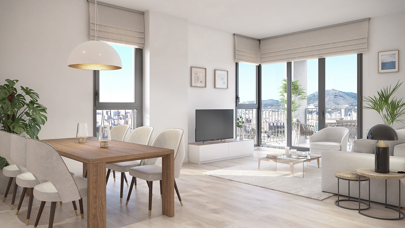 Infografía del salón comedor de una vivienda con ventanales, televisor y vistas a la ciudad y montaña
