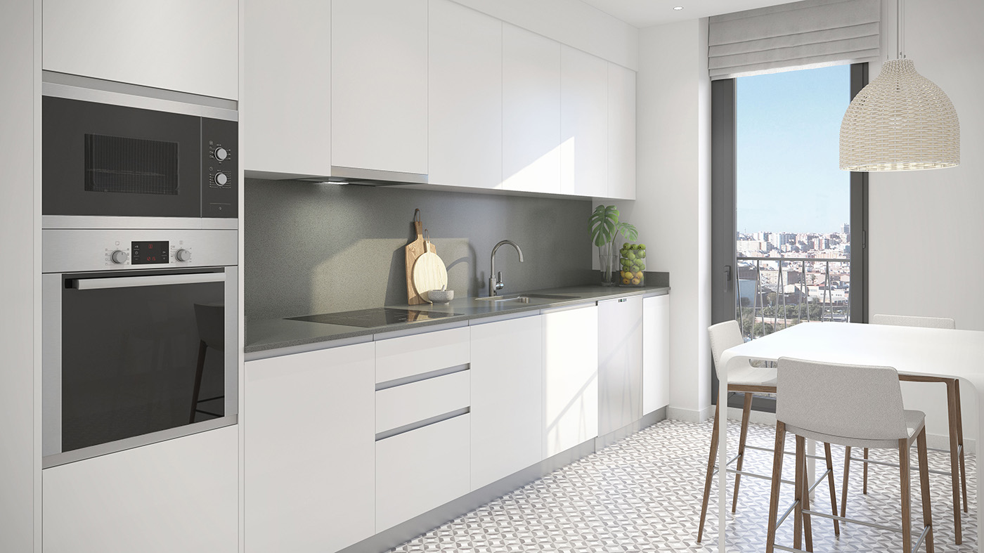 Render de la cocina blanca con office, taburetes y vistas a Barcelona desde la ventana