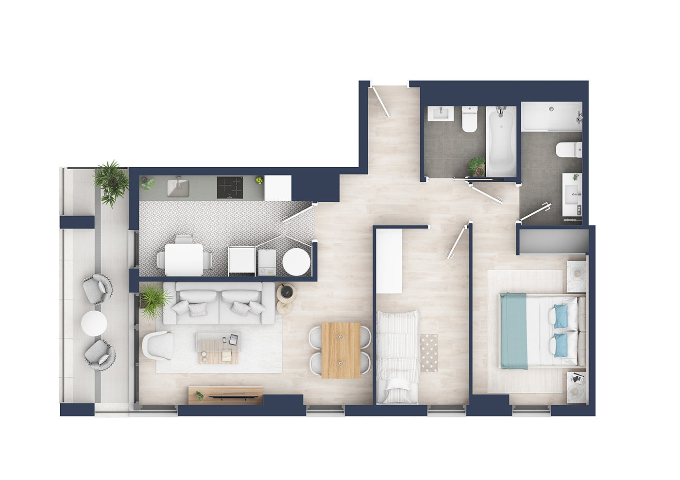 Planta 3D amueblada de vivienda de dos dormitorios con salón, cocina y terraza
