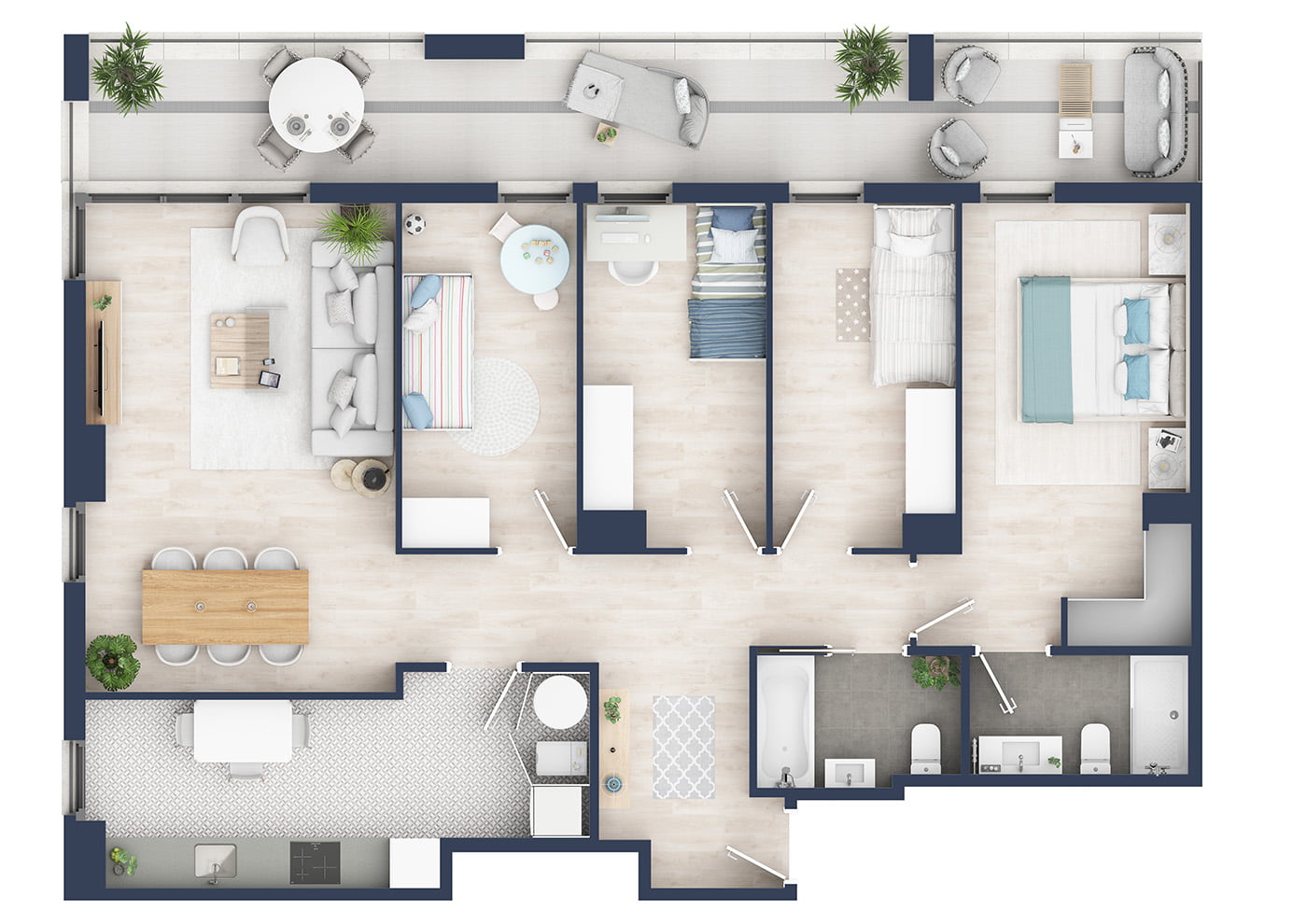 Planta 3D de vivienda grande de cuatro dormitorios con salón amplio y terraza perimetral