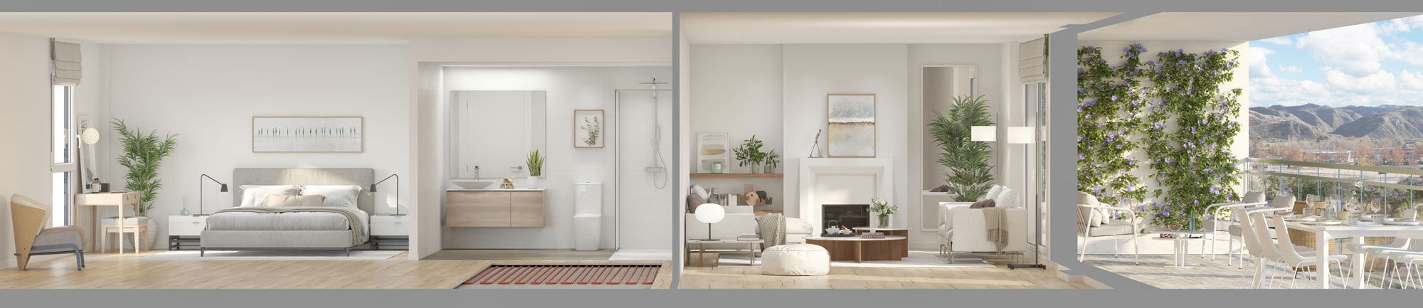 Composición de acabados de la vivienda con dormitorio, baño, salón y terraza ajardinada