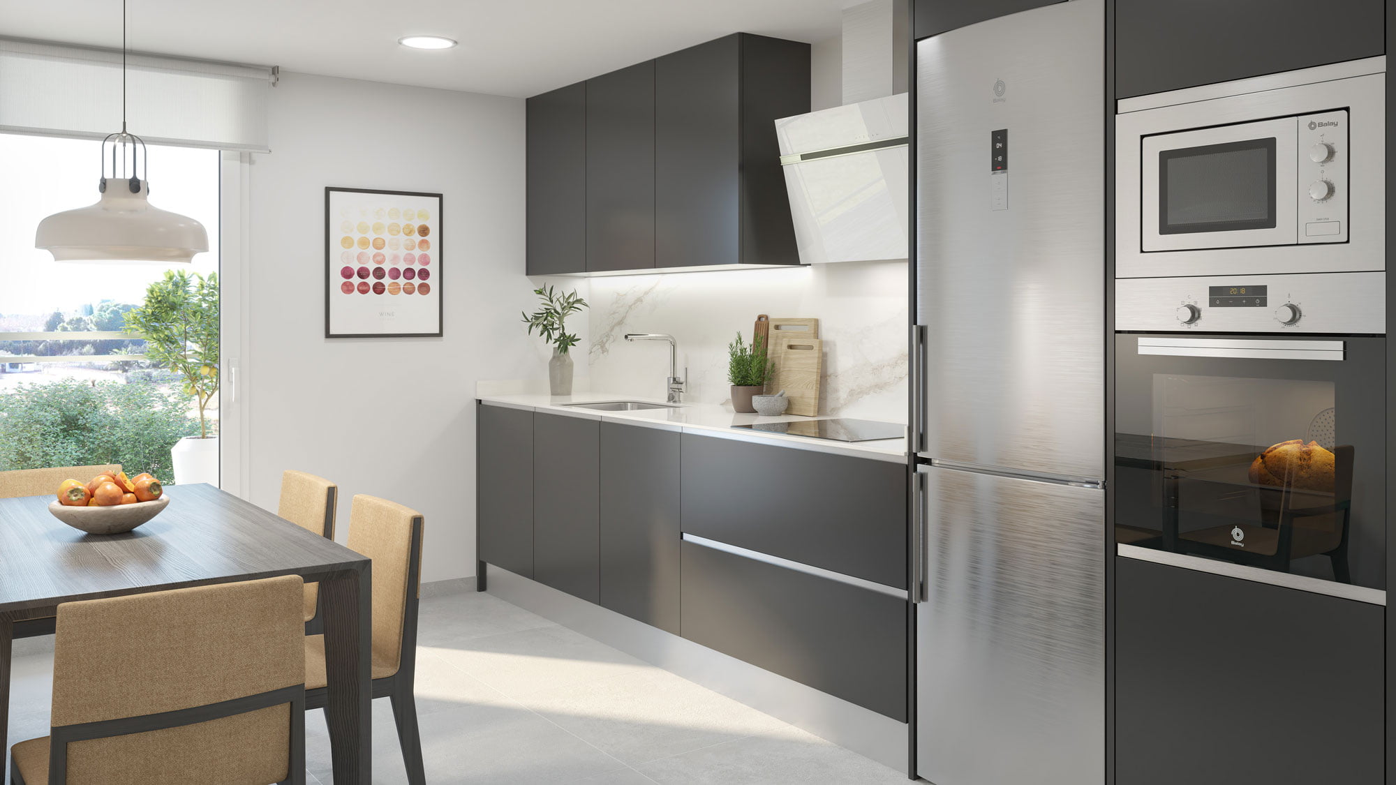 Render de cocina en gris antracita con encimera de mármol, office y columna de horno y microondas