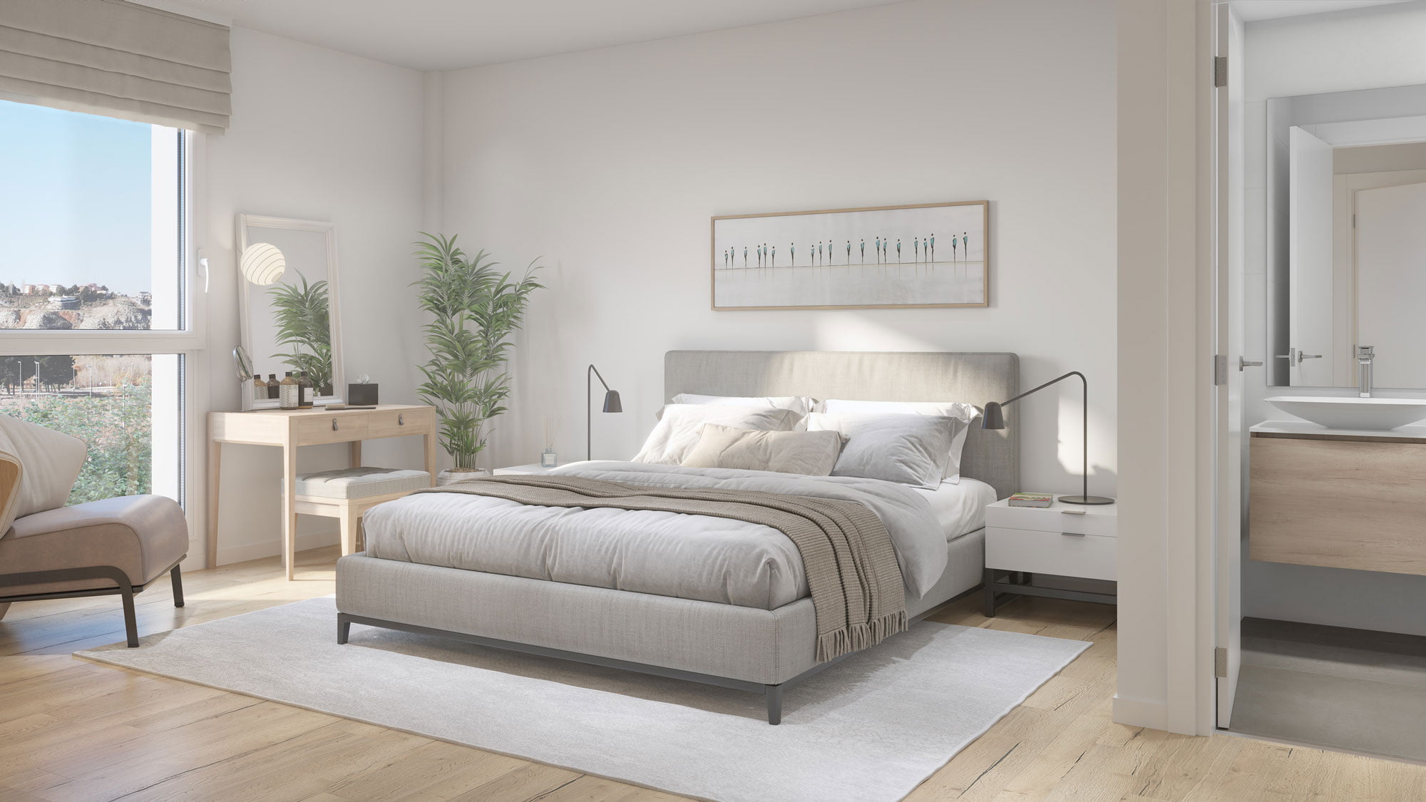 Infografía del dormitorio principal con tocador, baño en suite y vistas al parque