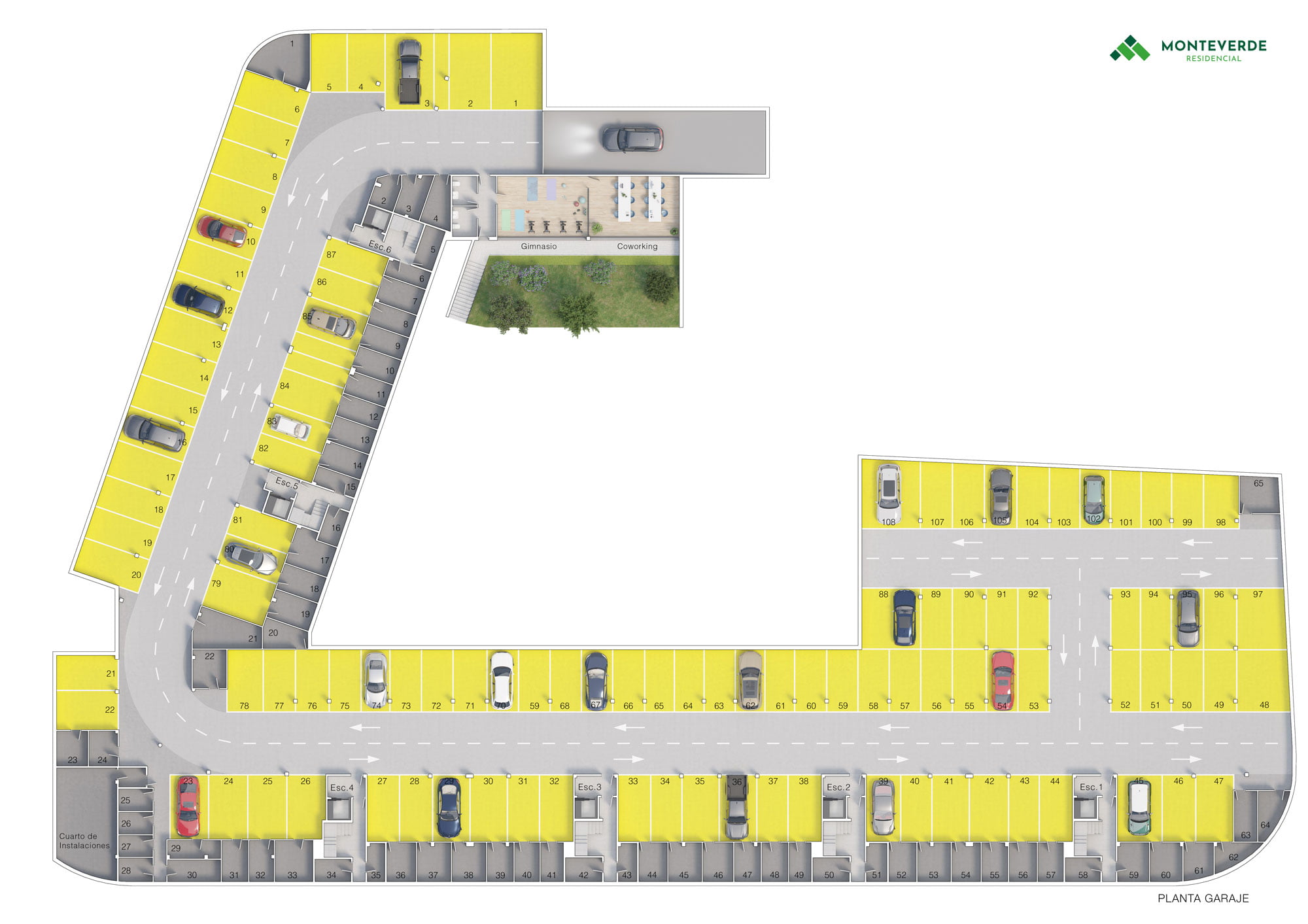 Planta 3D del garaje de Monteverde con plazas de aparcamiento numeradas y accesos por escalera