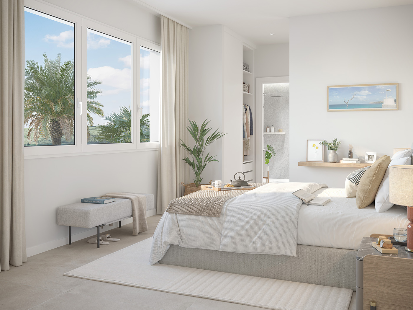 Render del dormitorio principal con vestidor abierto, baño en suite y ventanal con palmeras