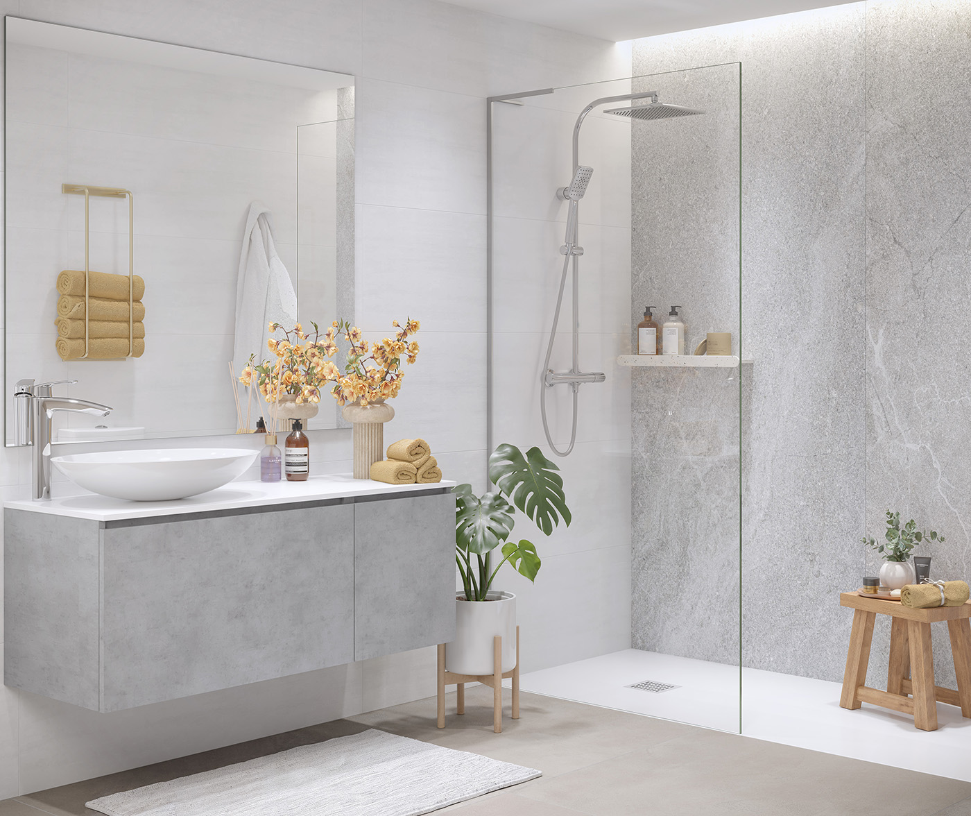 Infografía del baño con mueble de hormigón, lavabo sobre encimera y ducha de obra con piedra gris