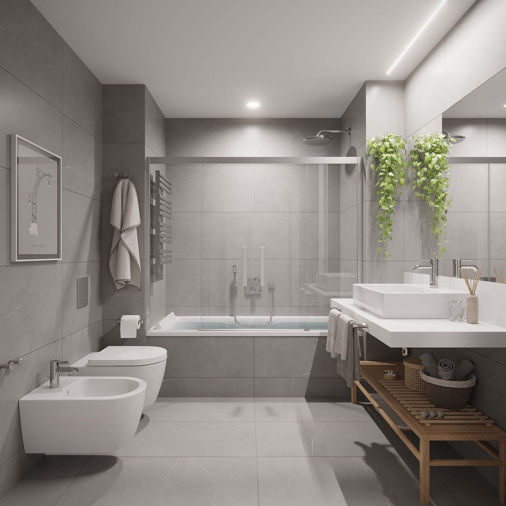 Infografía del baño gris con bañera, mampara de vidrio y lavabo sobre estructura de madera