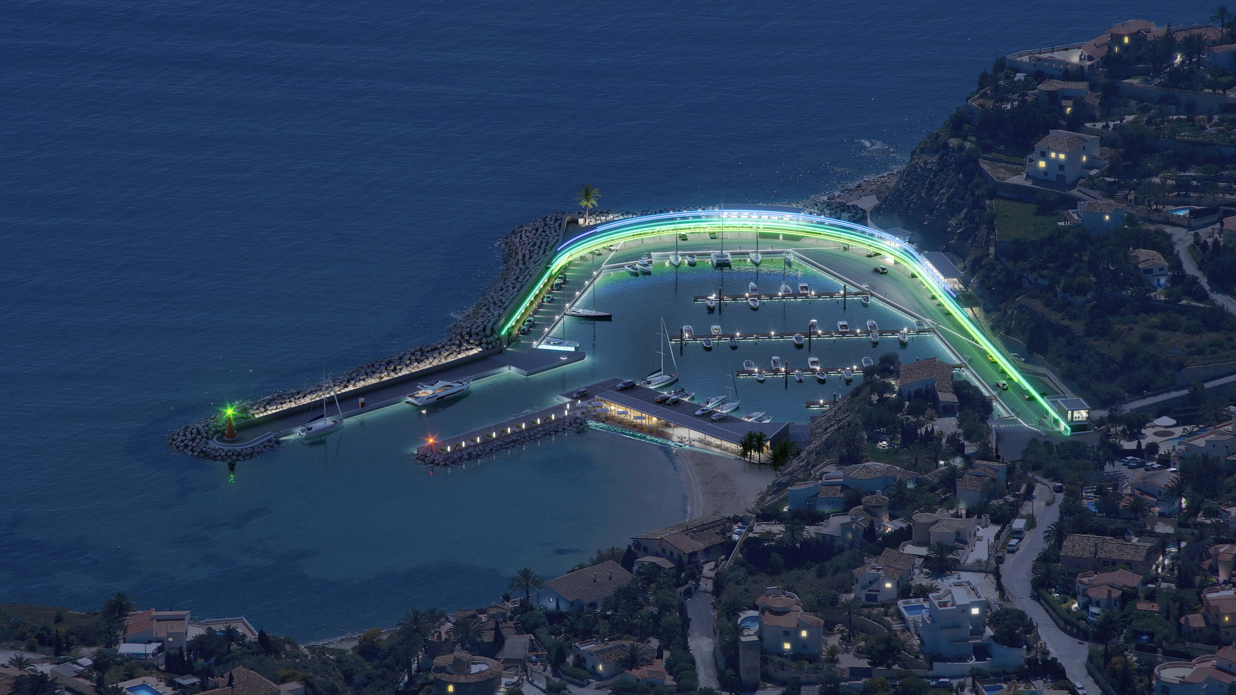 Vista aérea nocturna del puerto deportivo Marina Calpe iluminado con perfiles led y embarcaciones