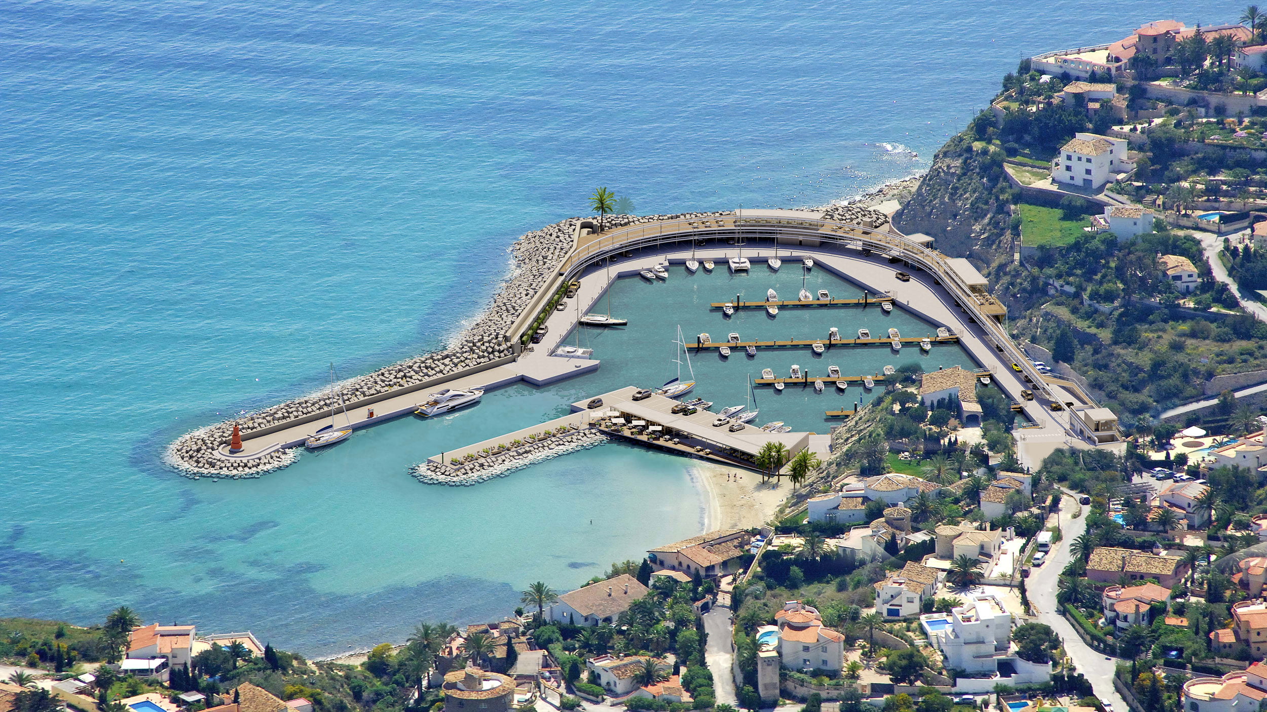 Infografía aérea diurna del puerto deportivo Marina Calpe con pantalanes, barcos y playa